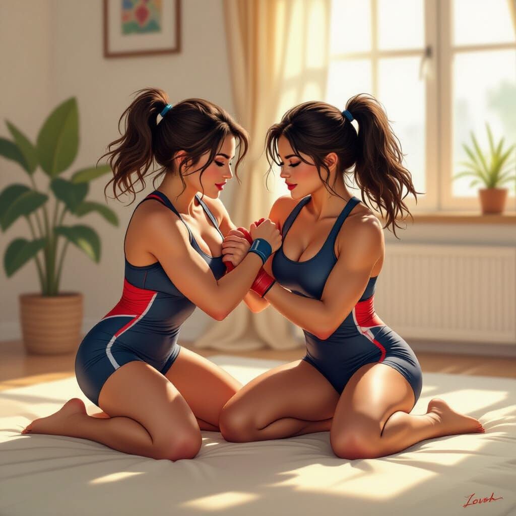 Women Wrestling in Sunlit Room, Comic Book Style