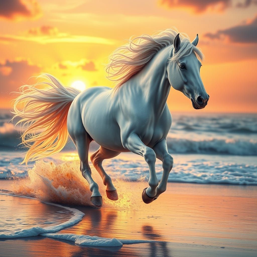 Majestic White Horse Gallops on Sun-Kissed Beach