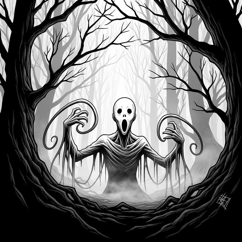 Eerie Ghost Figure Emerges from Foggy Forest