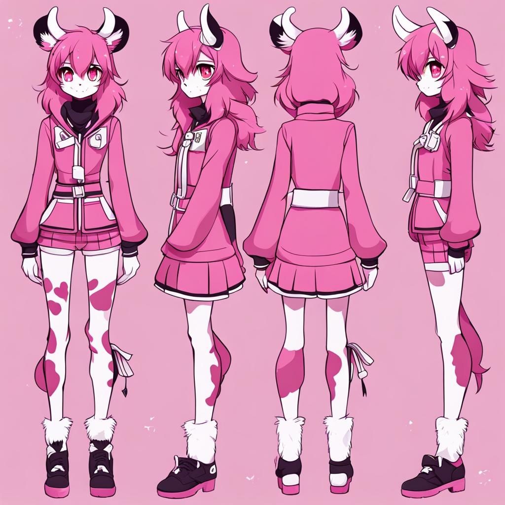Furry Anthro Cow in Pink Kawaii Anime Style