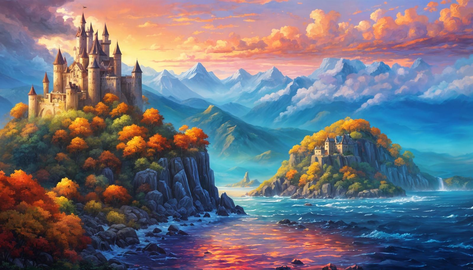 Enchanted Castle Overlooking Ocean in Autumn Glow