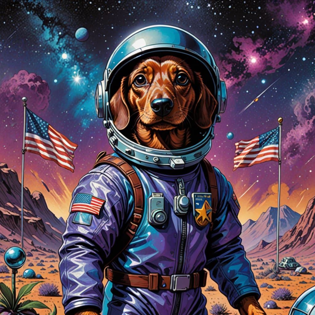 Dachshund Astronaut on Alien Planet, Retro-Futuristic Art