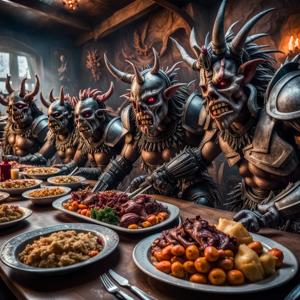 Thanksgiving Dinner with Gwar in Hyperrealistic Style