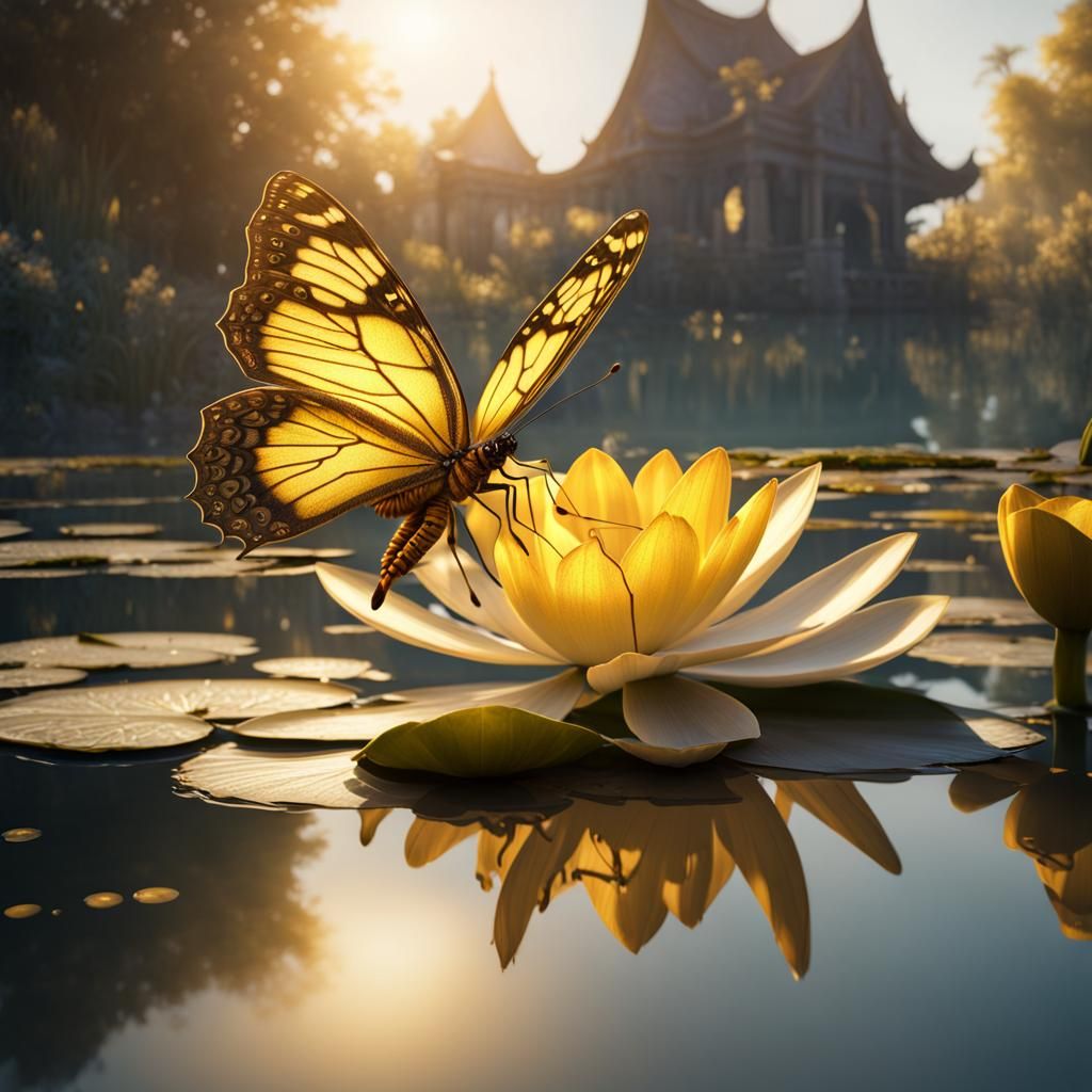 Butterfly on Lily Pad in Golden Sunrise Light