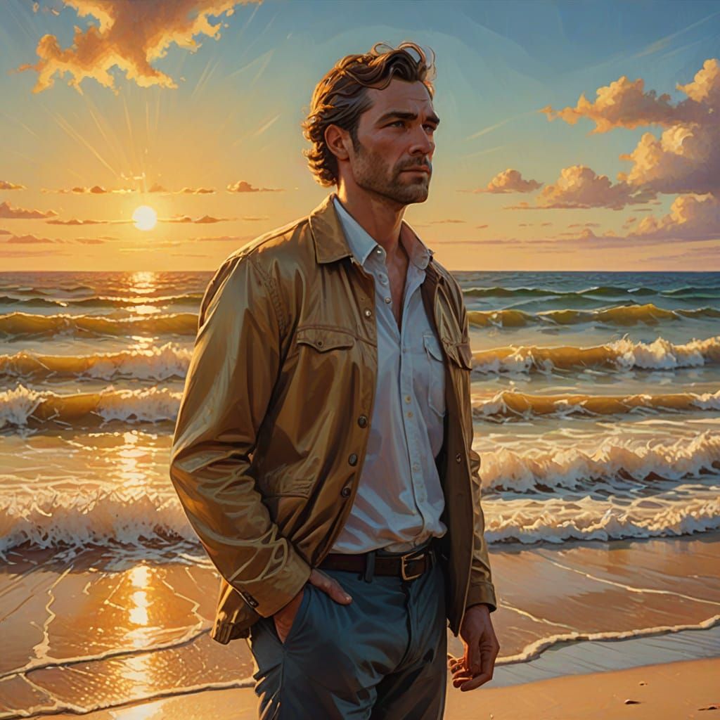 Man on Beach in Vibrant Oil Painting