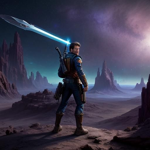 Space Cowboy with Blaster and Sword, Detailed Digital Art