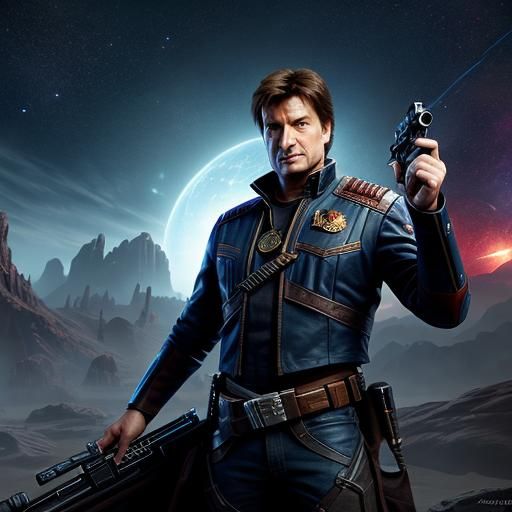 Nathan Fillion as a Space Cowboy with a blaster and a sword