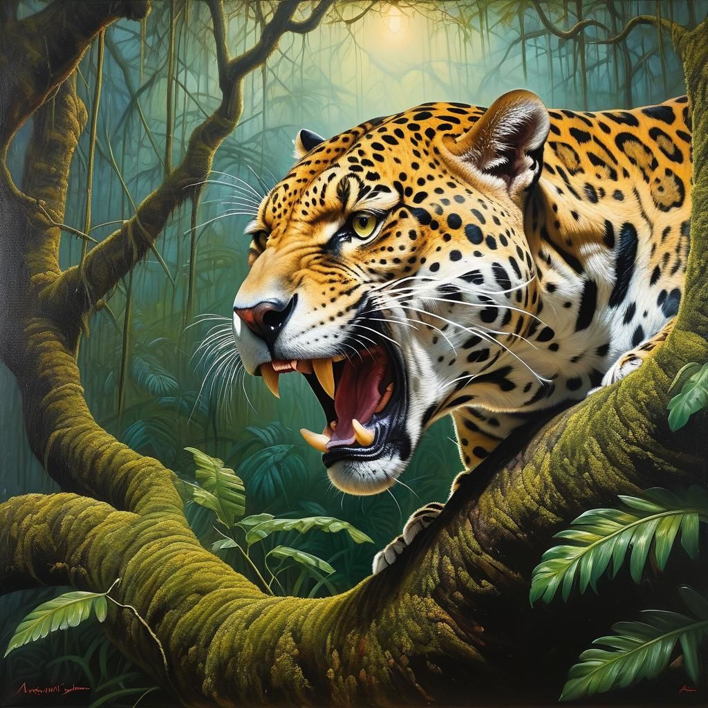 Roaring Jaguar in Rainforest, Oil Painting