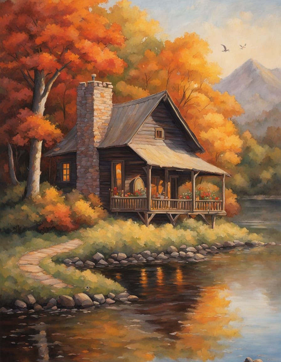 Cozy Victorian Cabin Scene in Warm Golden Light