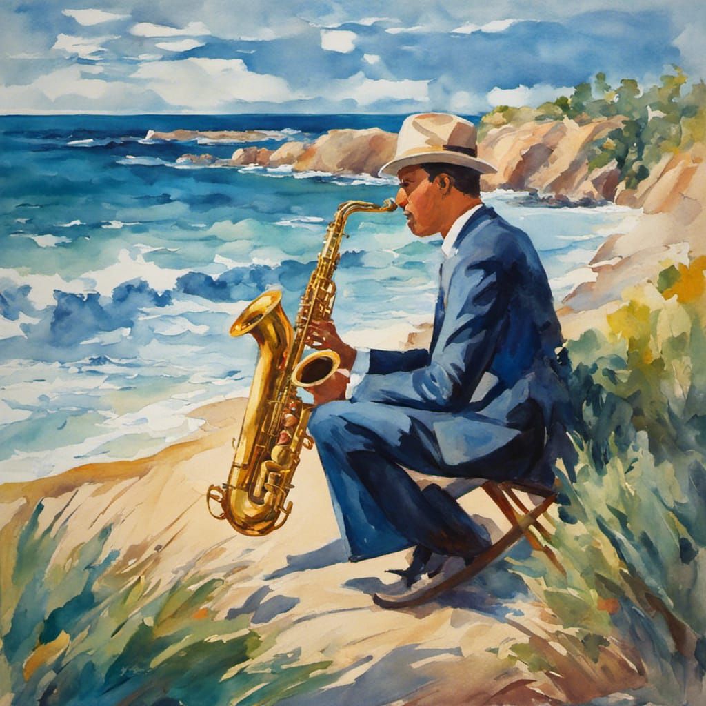 Saxophone Player by the Sea: Gouache Watercolor Painting
