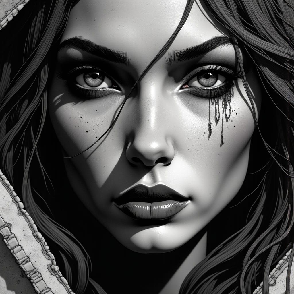 Senegalese-Elf Femme Fatale Portrait in Ink Wash Style