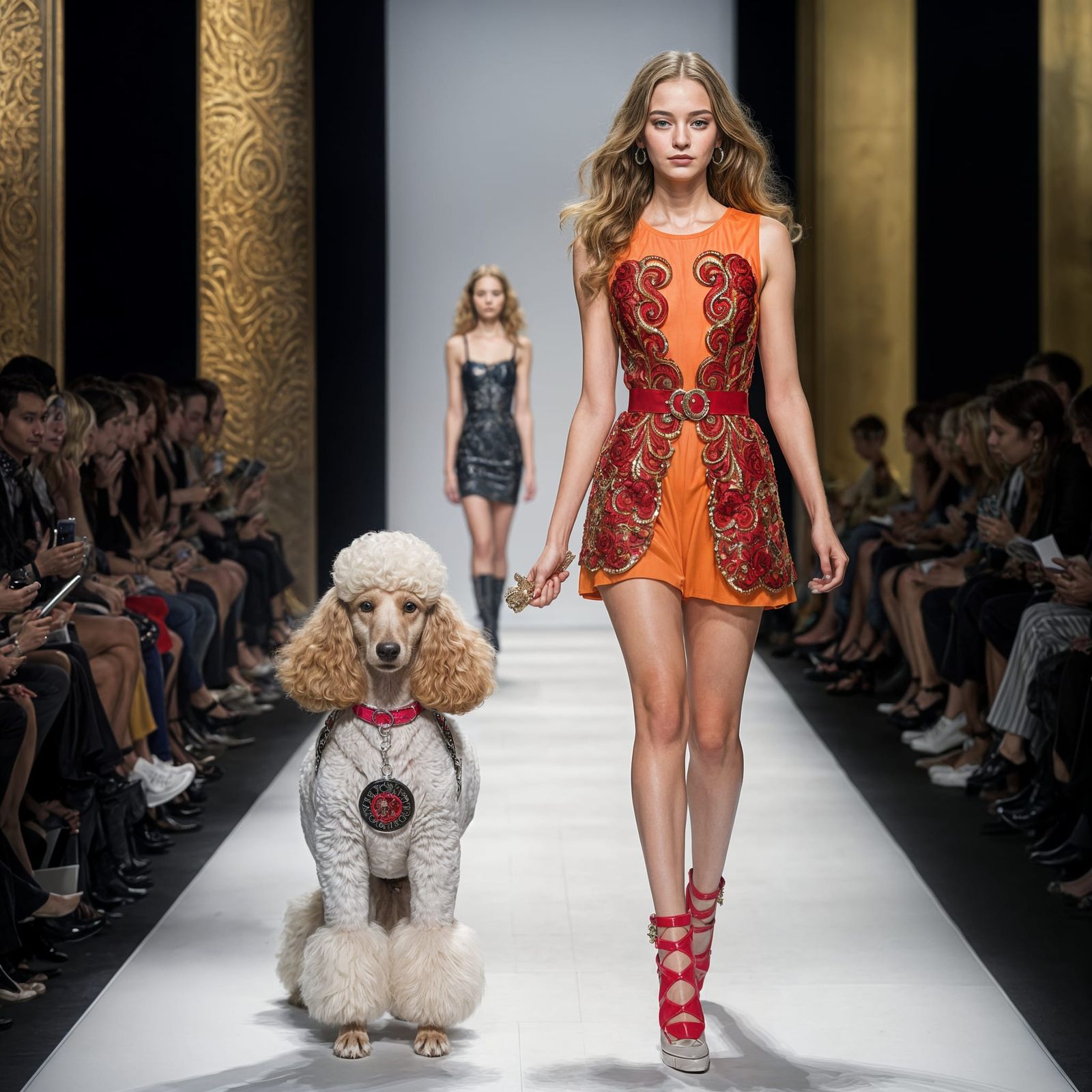 A glamorous poodle and a high-fashion runway model