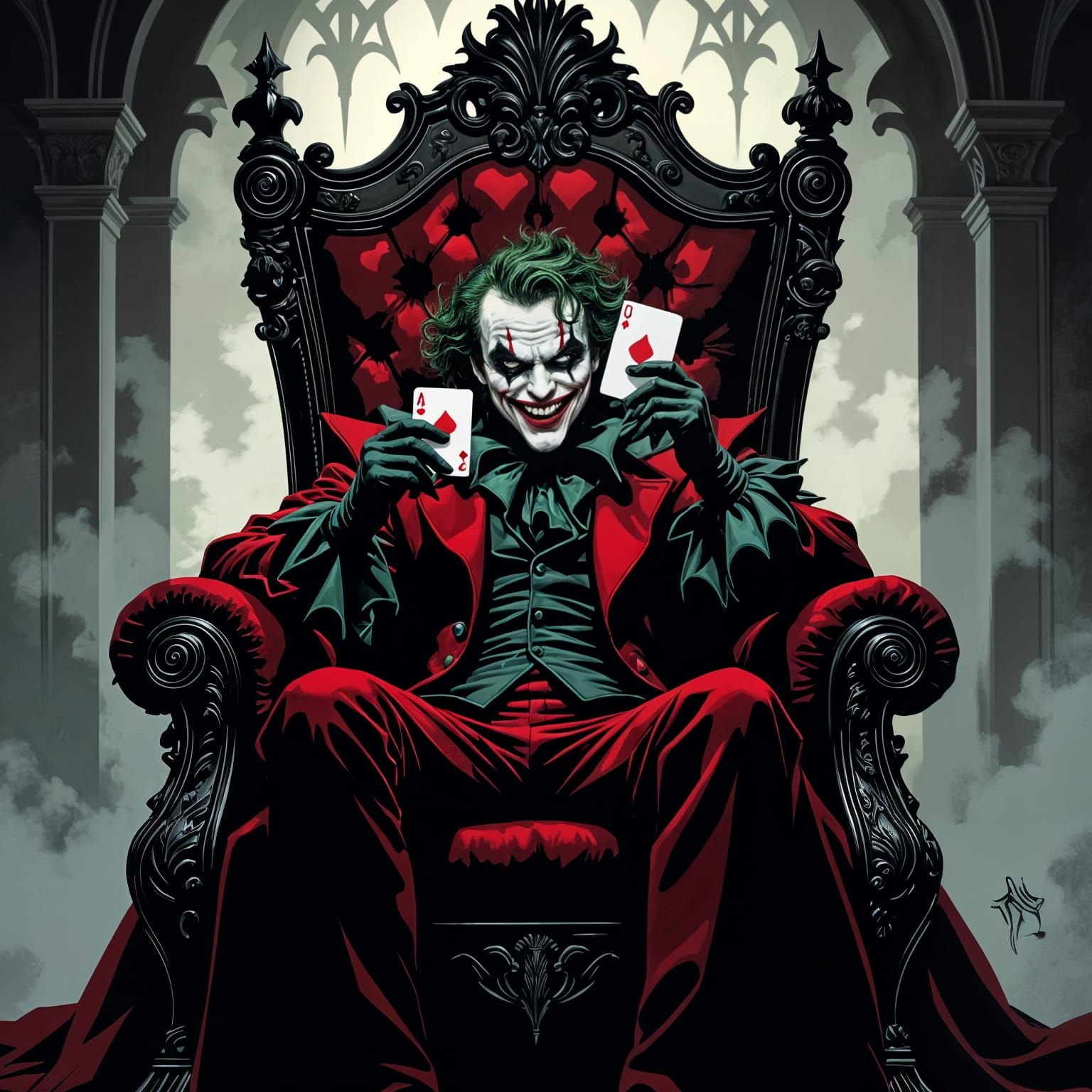 Joker Grinning with Cards in Dark Throne