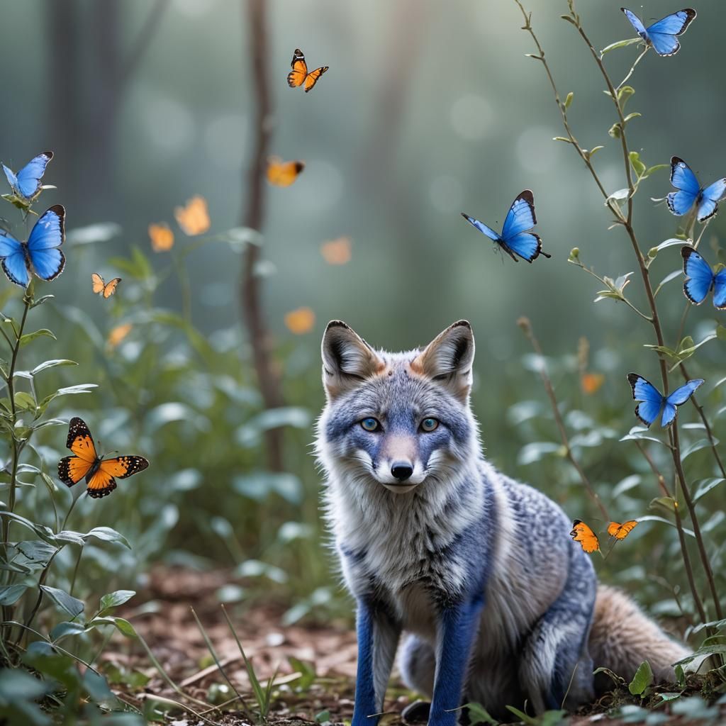 Blue Fox with Butterfly: Professional Photography