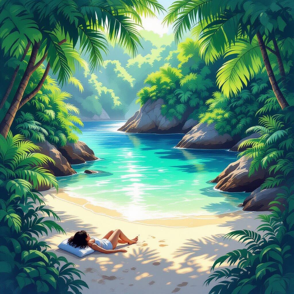 Tranquil Hidden Cove with Sleeping Woman in Watercolor Style