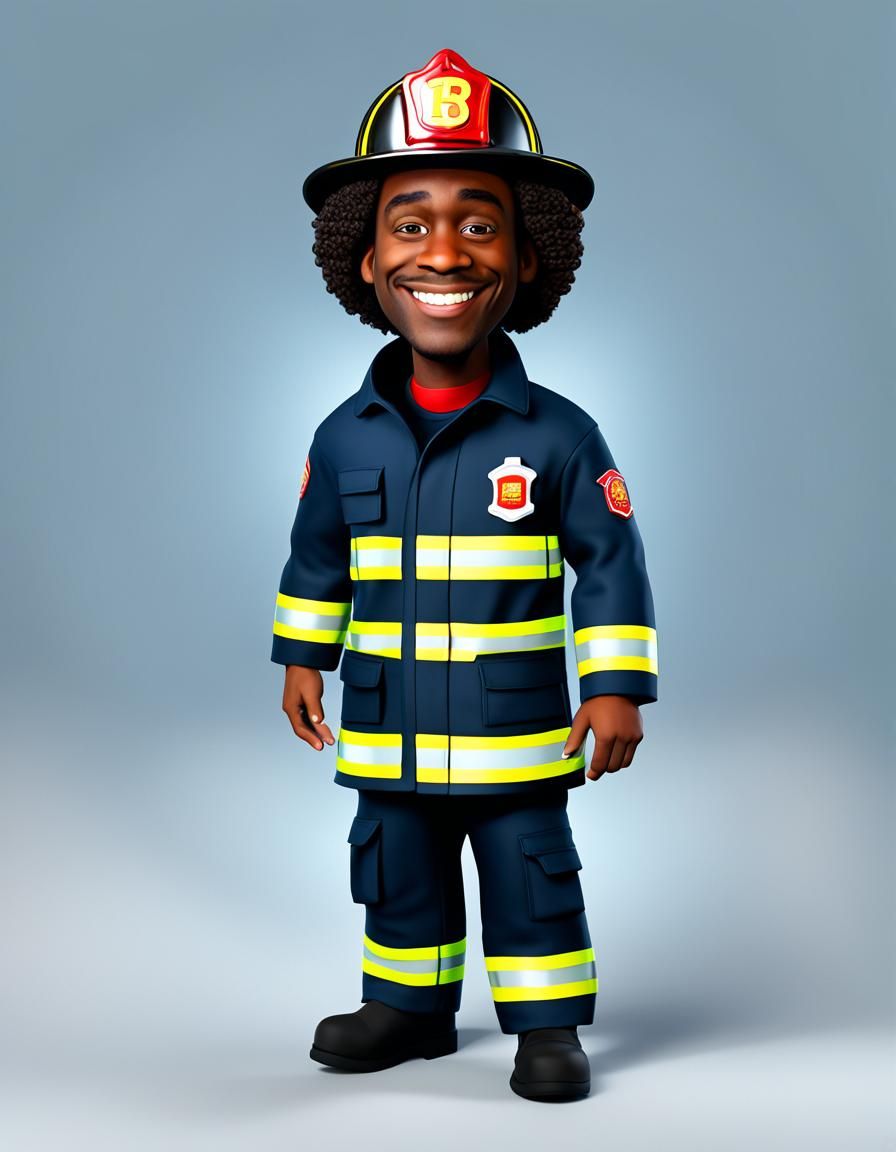 3D Cartoon of Black Firefighter with Curly Hair