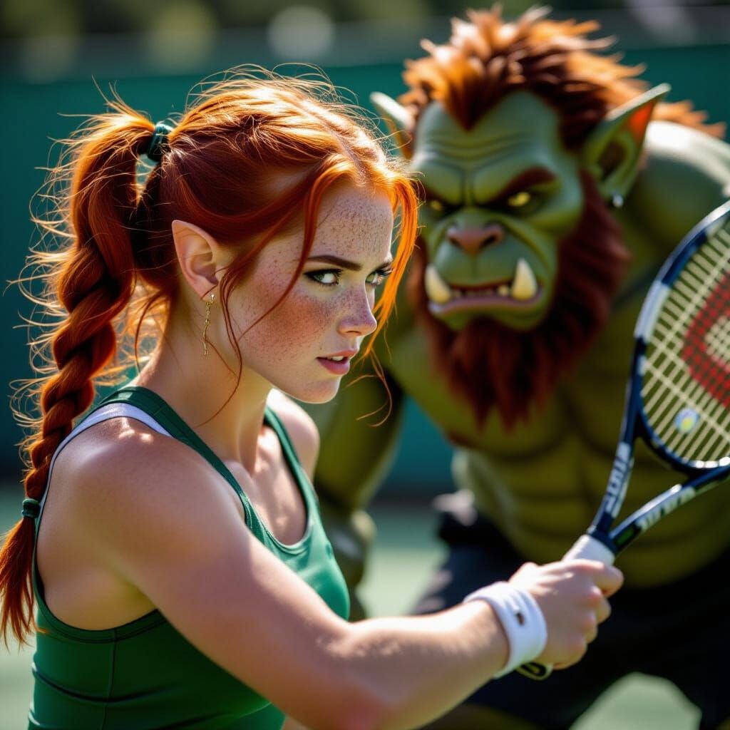 Elf and Ogre in Intense Tennis Match