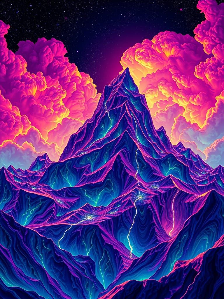 Surreal, Neon-Lit Mountain Landscape with Glittering Fractal...