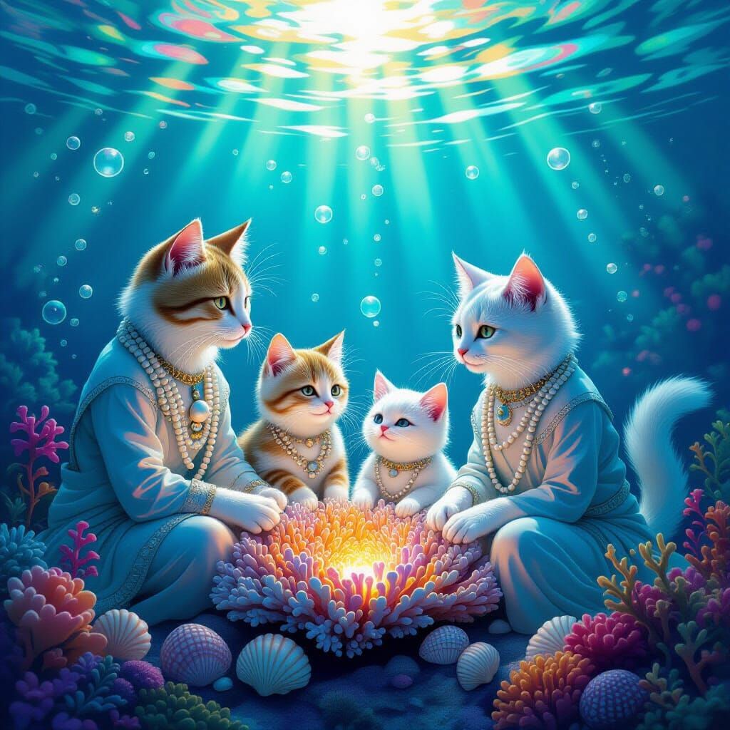 Bohemian Cats Explore Underwater Bioluminescent Coral Reef