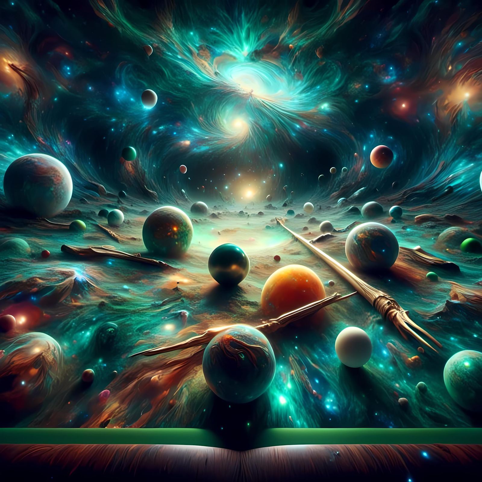 Cosmic Snooker Table with Planetary Balls in Surreal Style