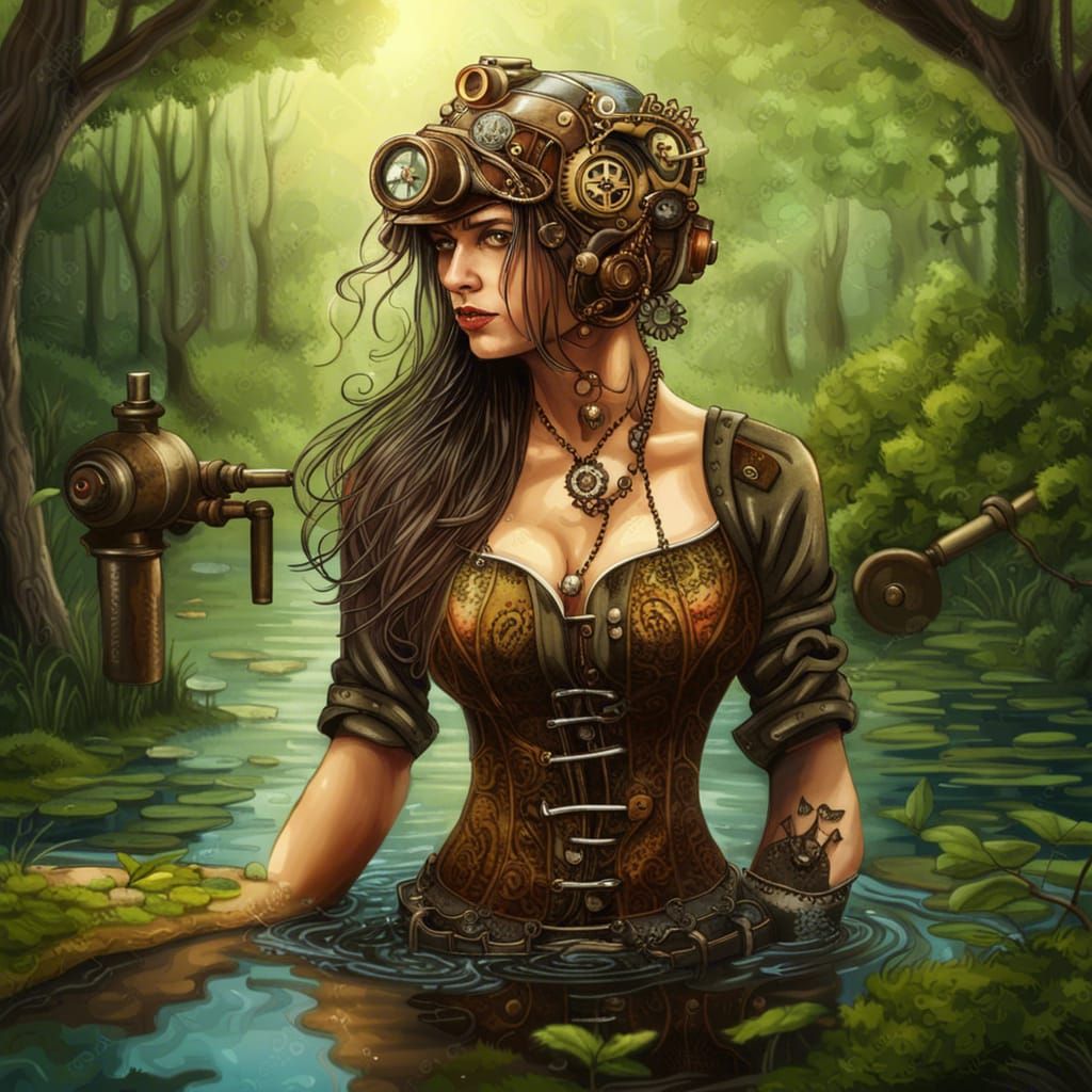 Woman Bathing in Forest Pond with Steampunk Engine