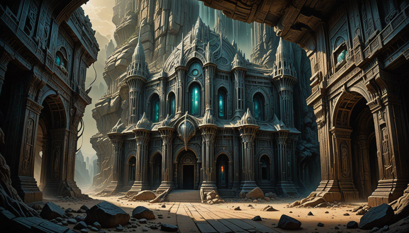 Ancient Gemstone Temple in Dark Fantasy Art Nouveau Style