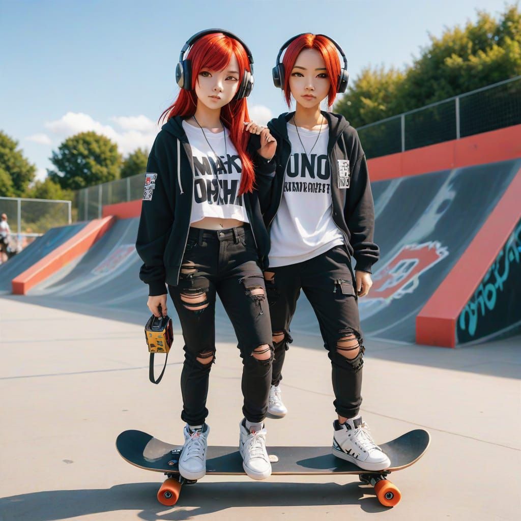 Anime Woman with Skateboard at Skatepark