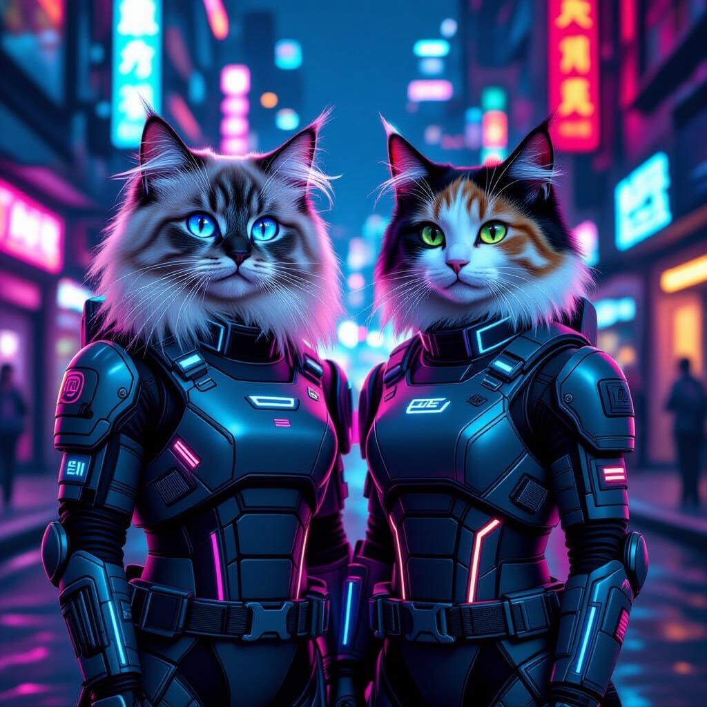 Cyberpunk Cats in Tactical Armor Smiling Confidently