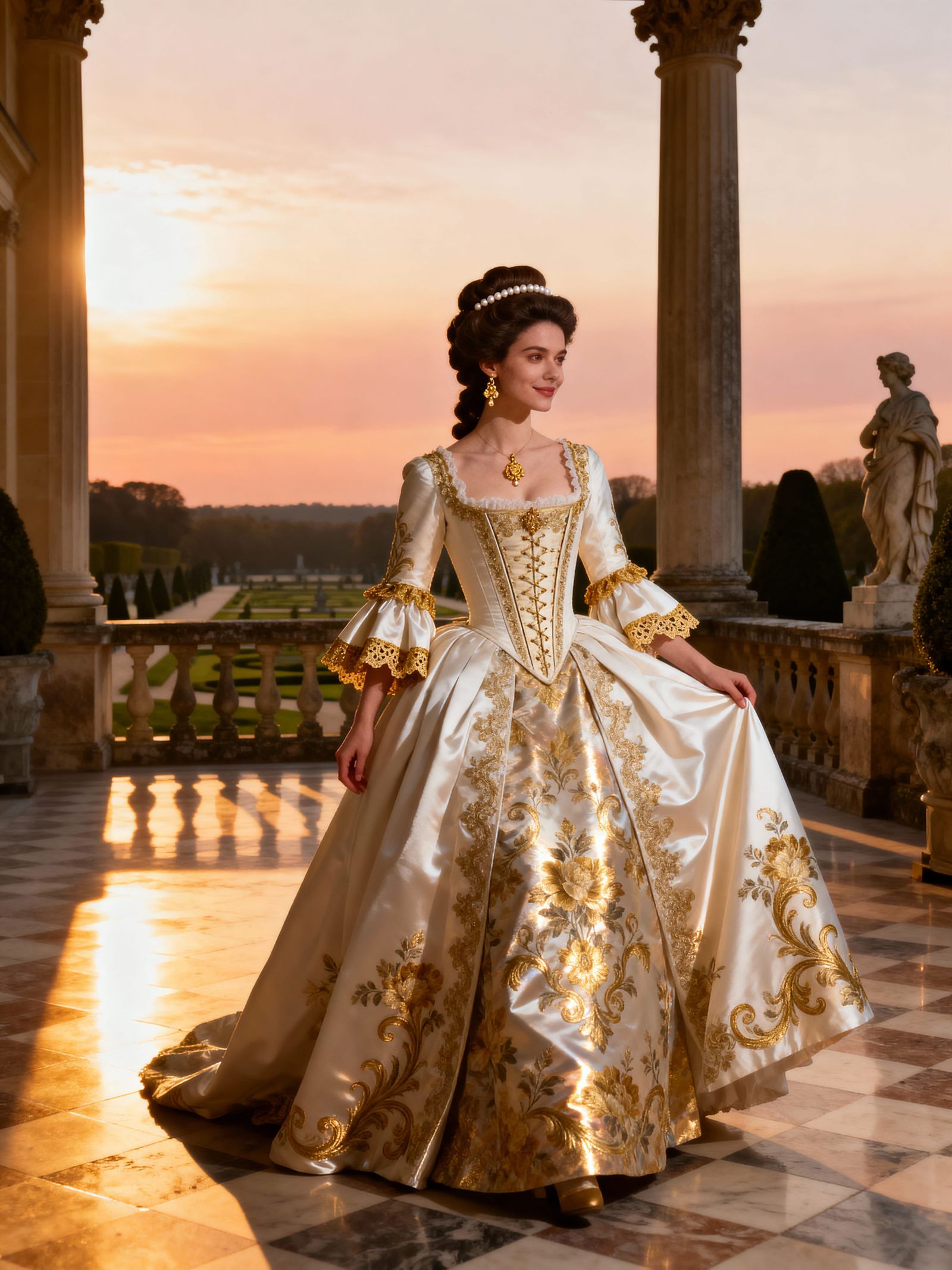 Regal Woman in Opulent Baroque Gown at Golden Hour