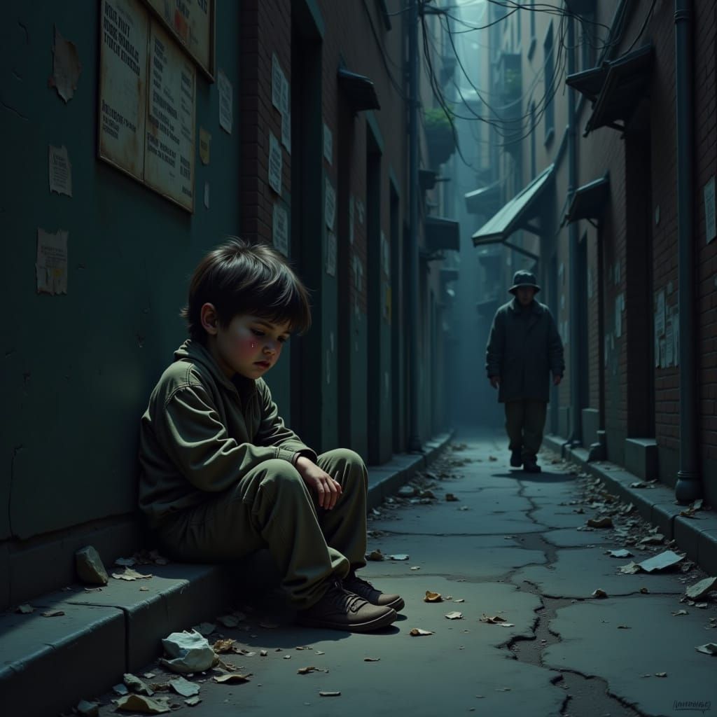 Melancholy Child in Dim Alleyway Oil Painting