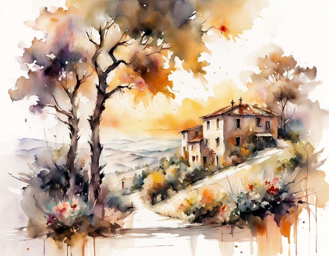 Tuscan Vineyard in Watercolor Ink Wash