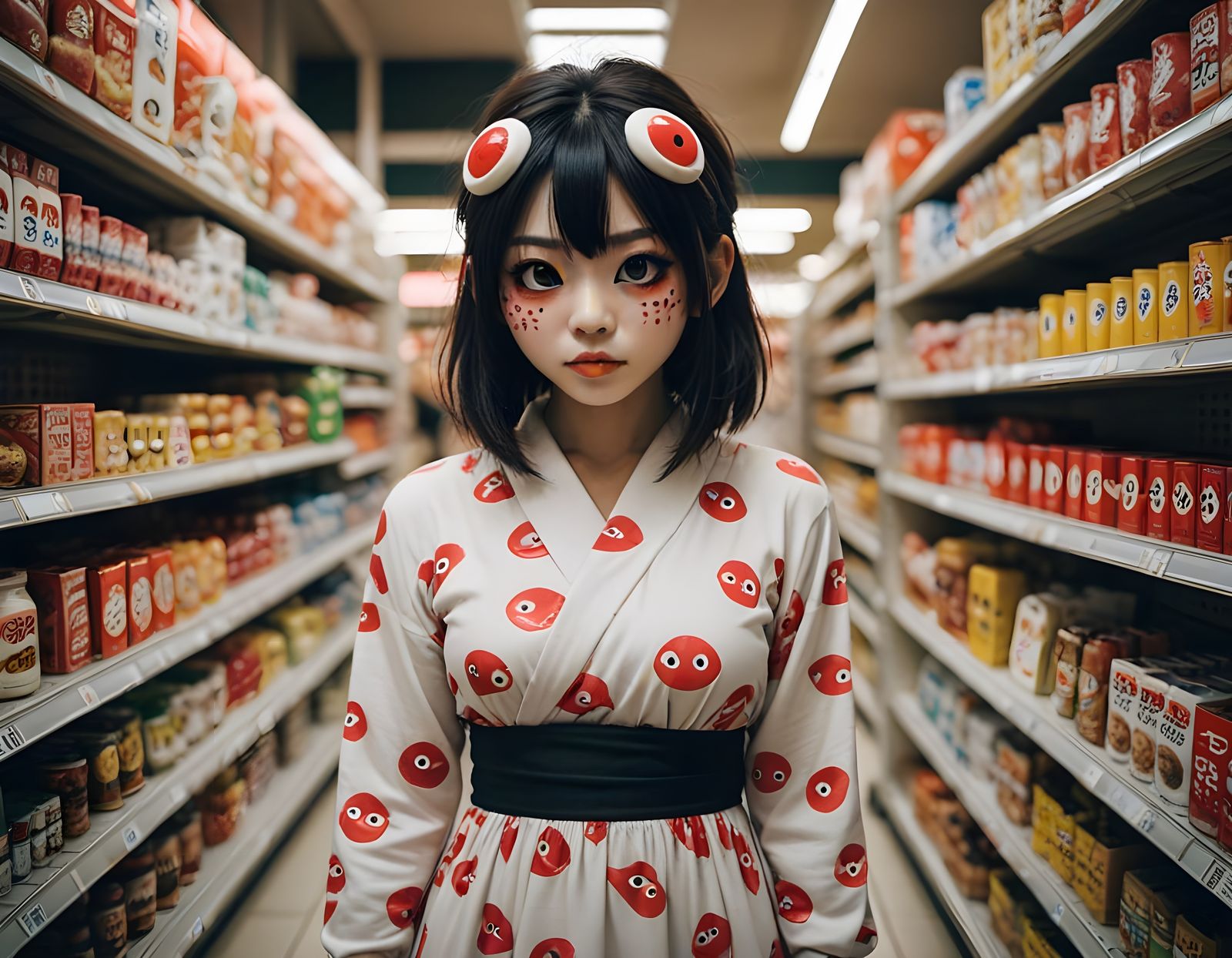 Photograph of a woman wearing a cute mask, tanganmen Japanese subculture and kigurumi dress