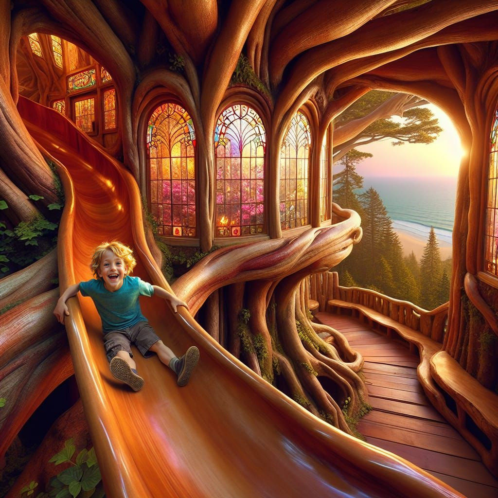 A Boy's Delightful Wooden Slide Amidst a Majestic Forest