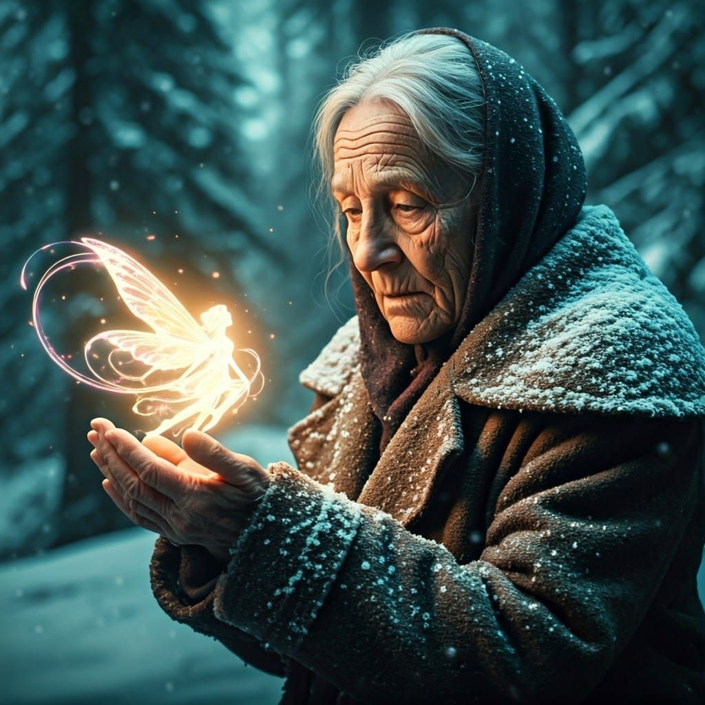 Elderly Woman Holds Fairy in Snowy Forest