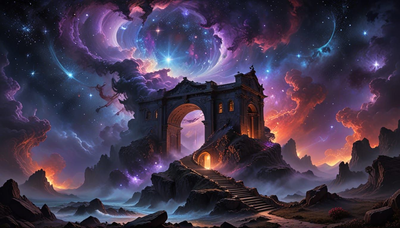 Surreal Cosmic Dreamscape with Ethereal Luminous Portal
