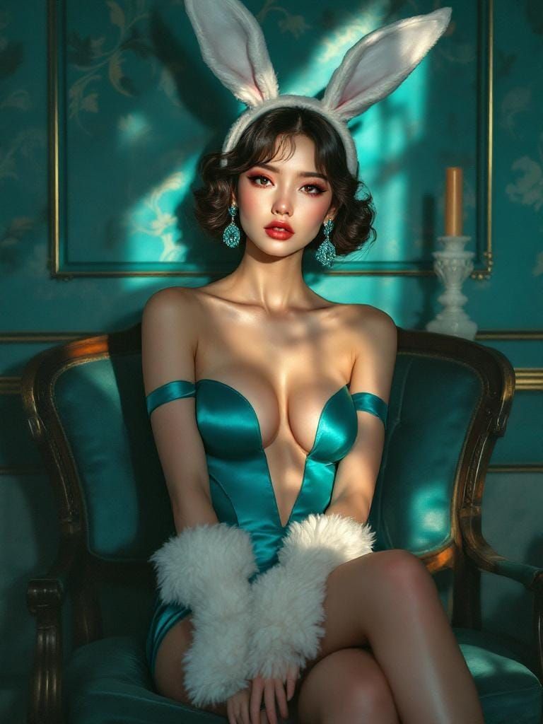 Elegant Asian Woman in Teal Bodysuit, Digital Painting