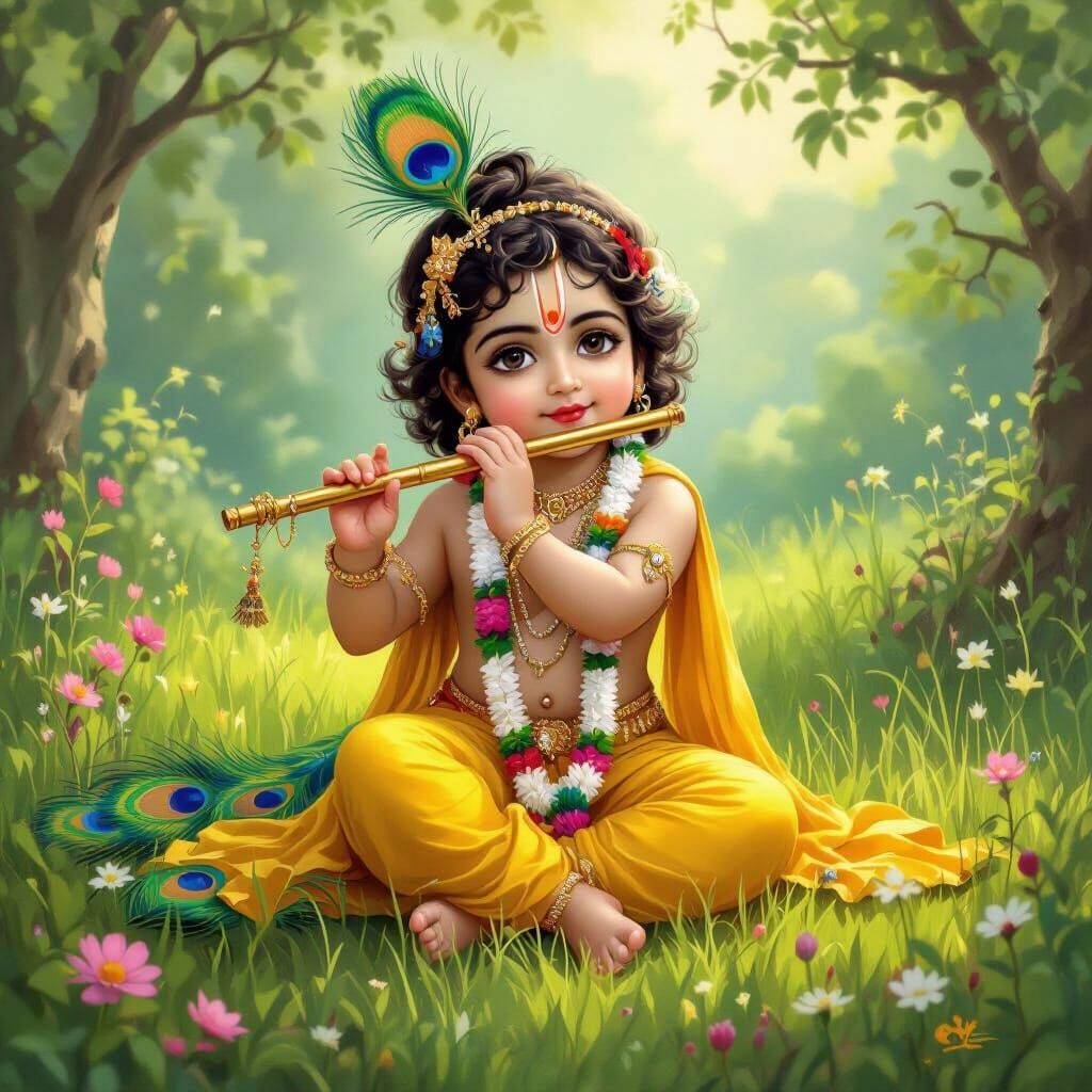 Little Krishna Playing Flute in Lush Meadow