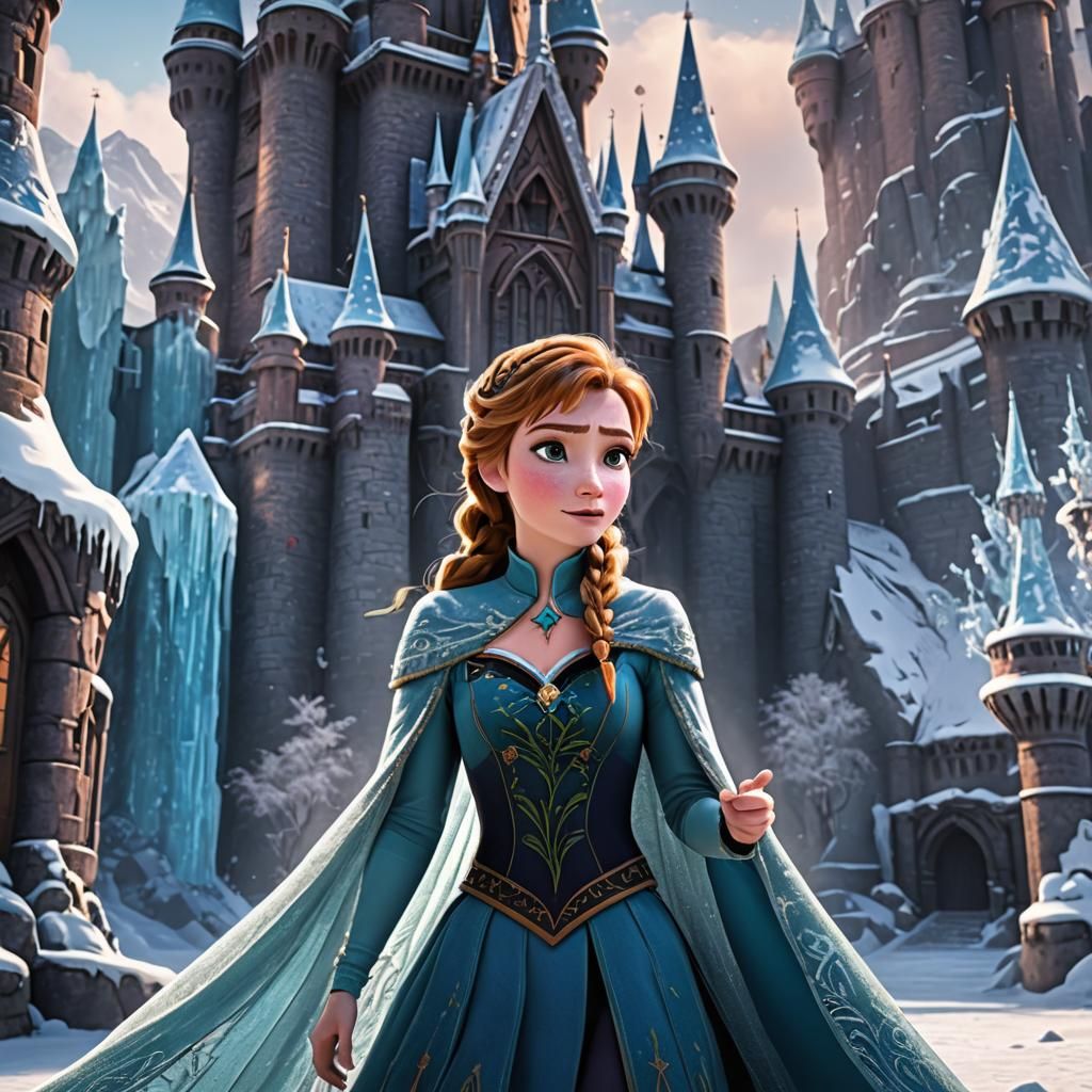 Elsa and Anna in Front of Ice Castle