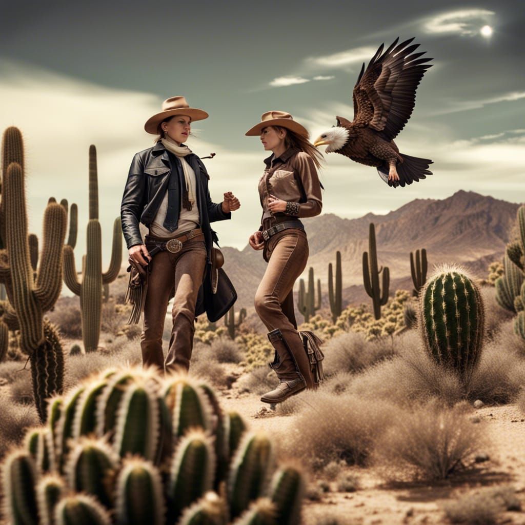 Cowboy and Cowgirl Duel in Desert Landscape