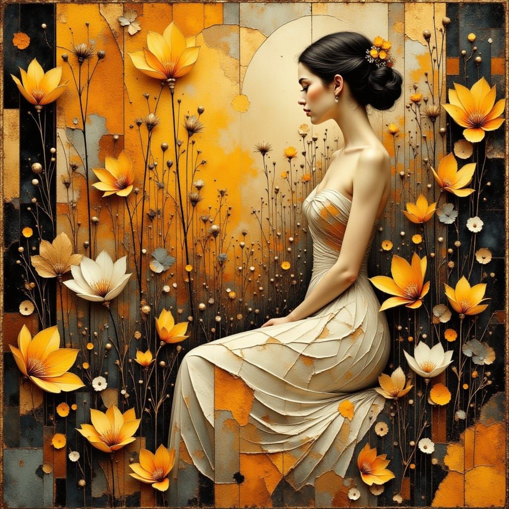 Surreal Blonde in Floral Art Deco Garden