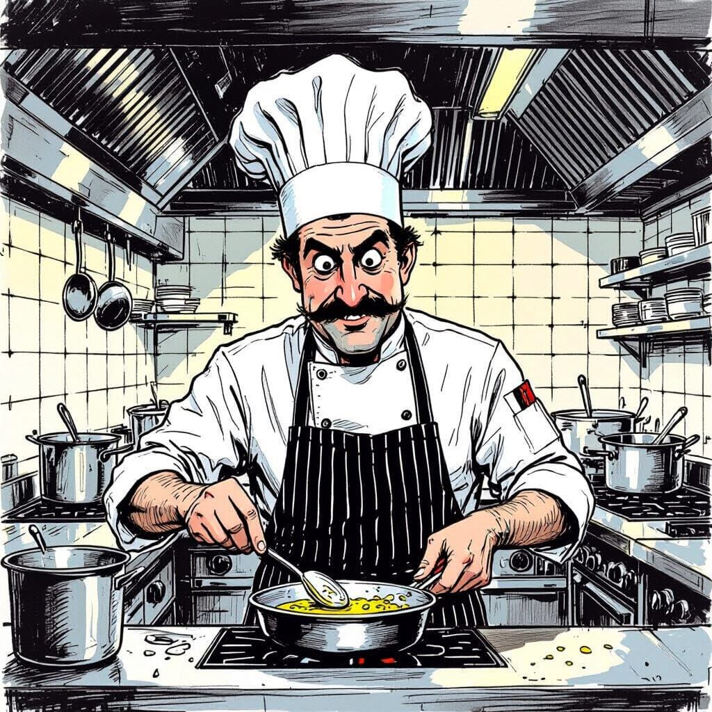 Humorous Chef Caricature in Kitchen Scene