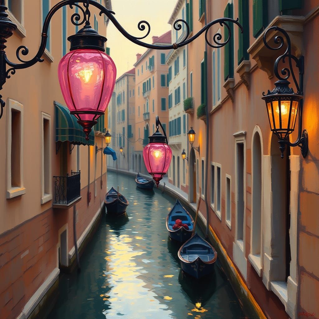 Venetian Dusk: Pink Lanterns in Neoimpressionist Style