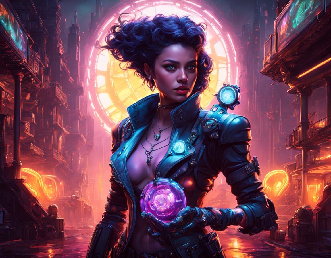 Cyberpunk Female Scientist in Neon City