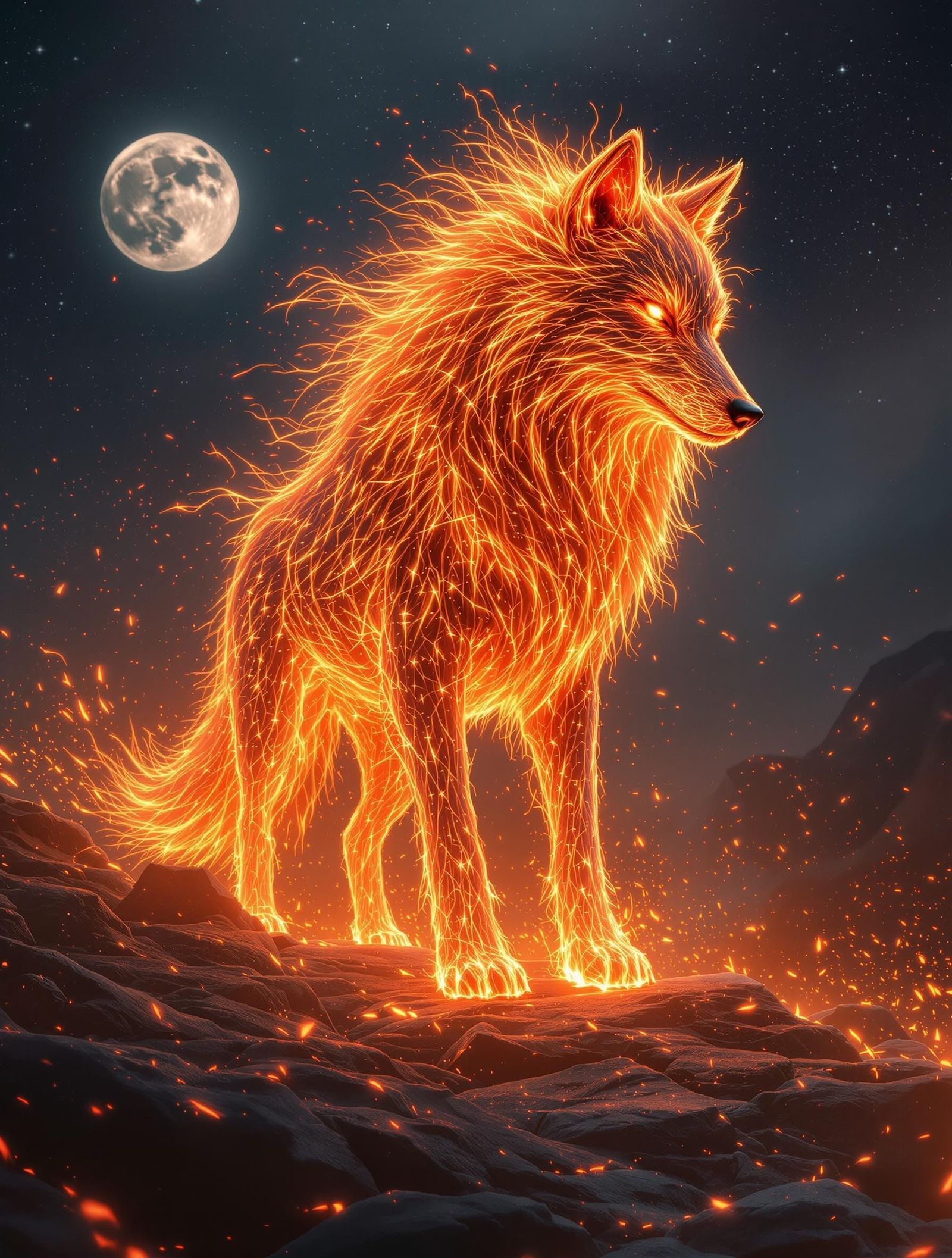 Fiery Lava Wolf Emerging from Wildfire