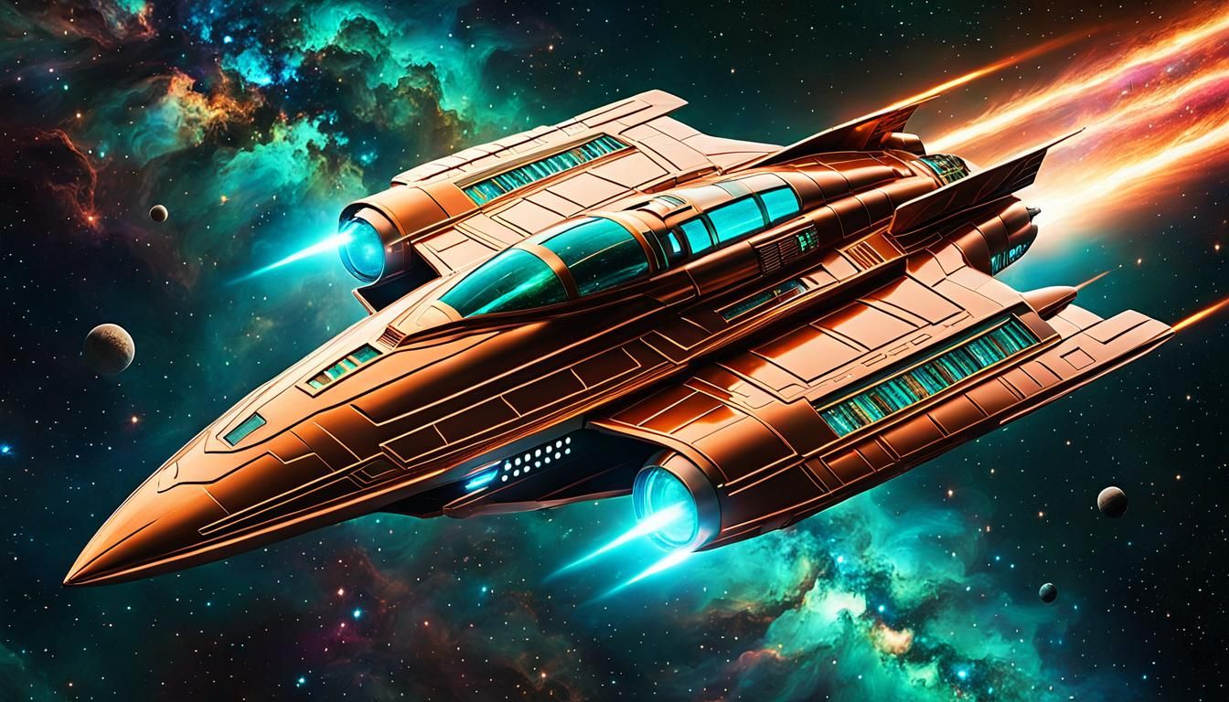 Complex Spaceship Soaring Through Retro Sci-Fi Nebula