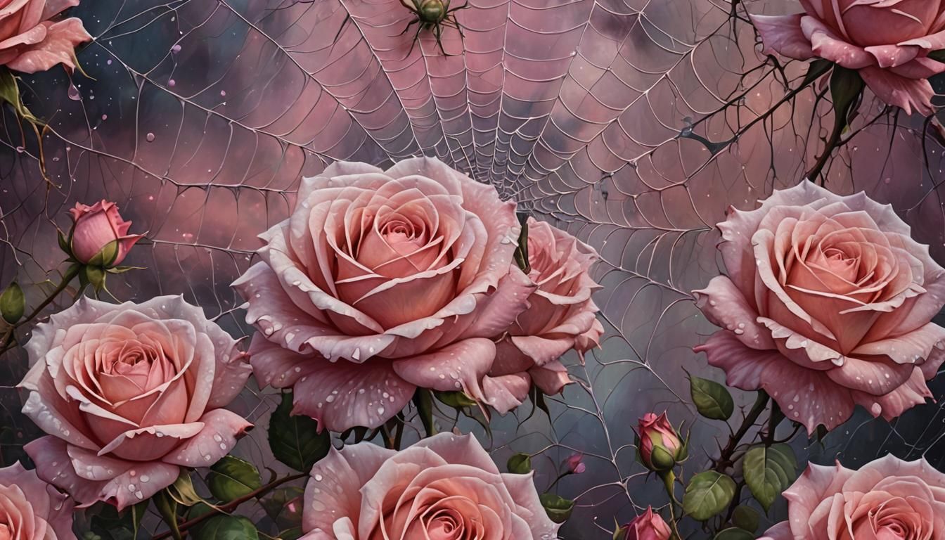 Spiderweb Entraps Roses in Surreal Oil Painting