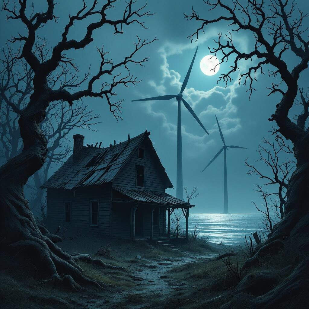 Haunted House in Dark Forest with Wind Turbines