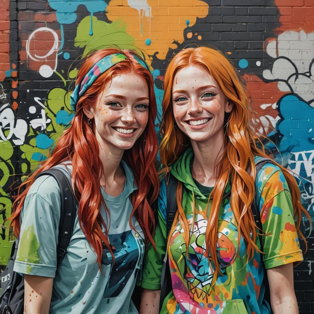 Colorful Cartoon Sisters in Graffiti Street Art Style