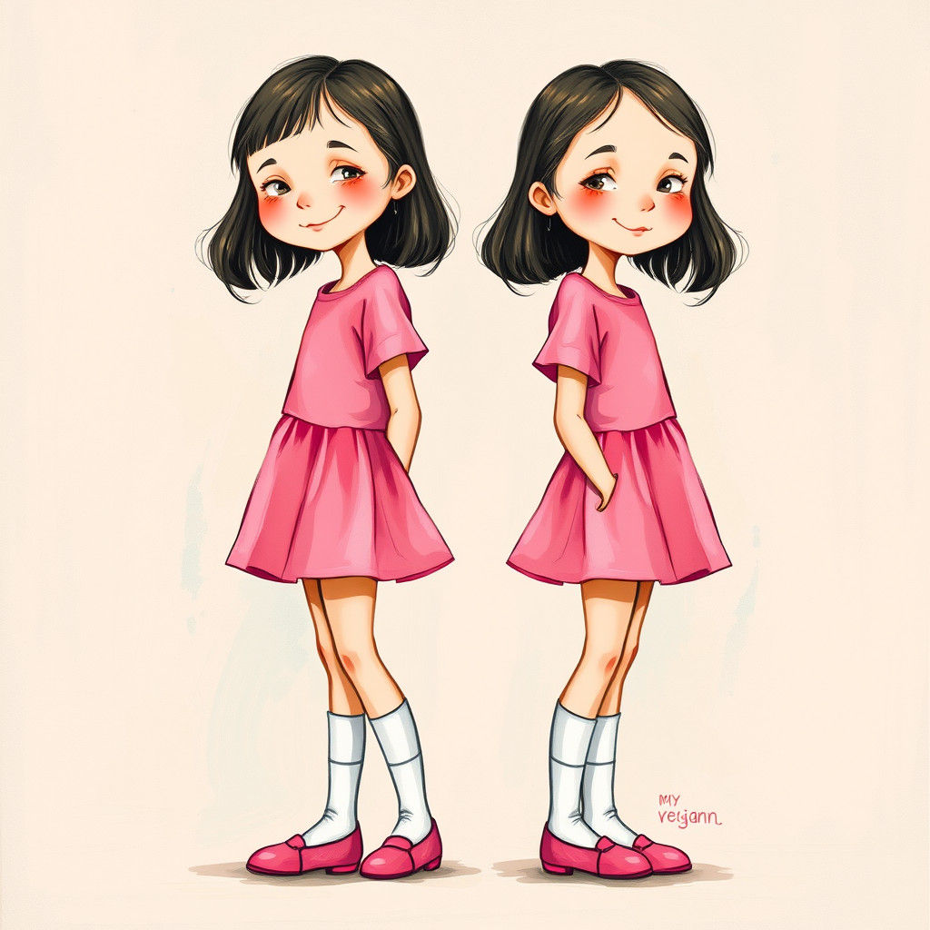 Twin Sisters in Pink Dresses, Whimsical Art