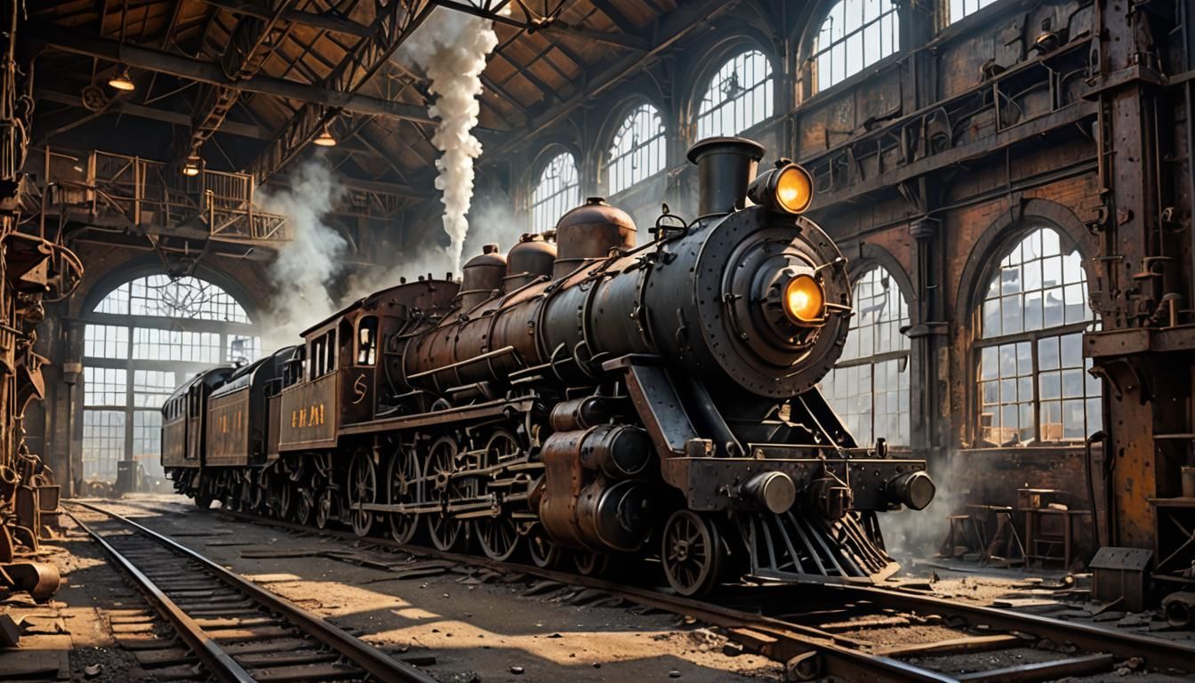 Eerie Victorian Factory Interior with Steam-Powered Machines